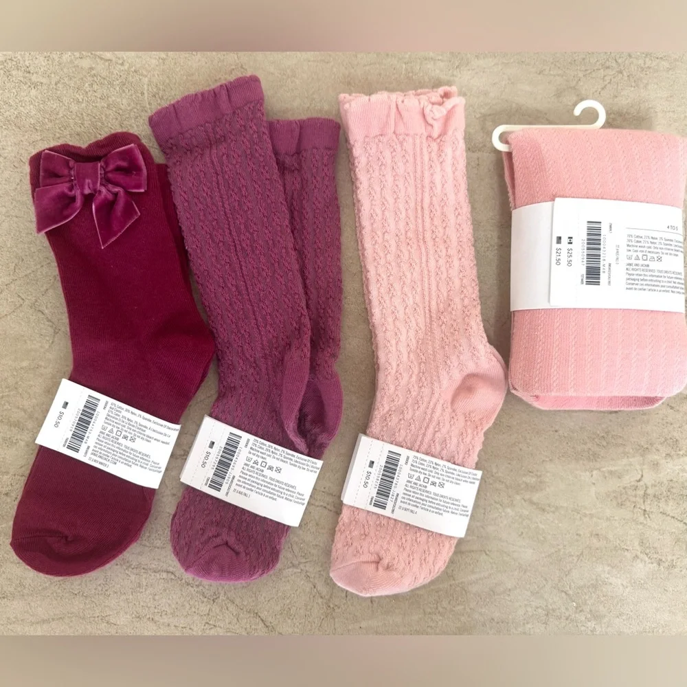 Janie and Jack Pointelle Tight, Velvet Bow Socks & Knee High Pointelle socks-2
